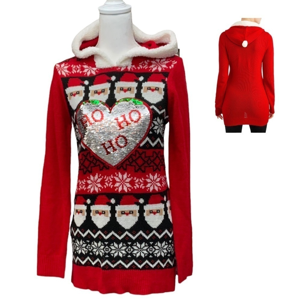 No Boundaries Christmas Tunic Sweater Sherpa Hoodie Sequin Red Junior 7/9 Medium